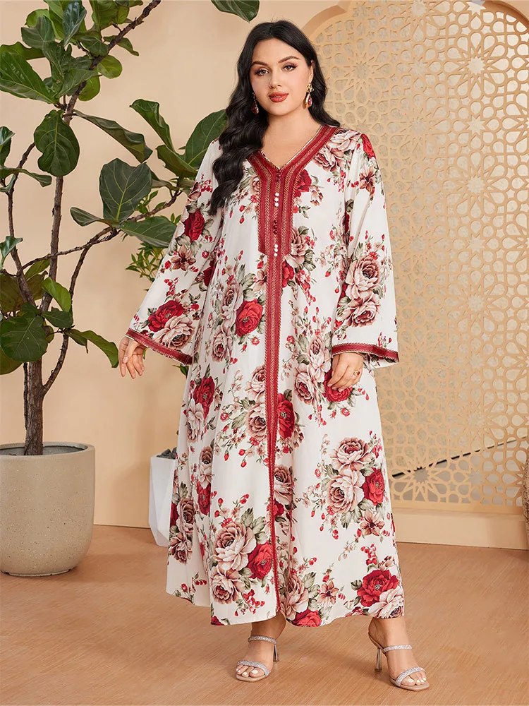 

Eid Floral Print Abayas for Women 2024 Ramadan Tape Trim Gulf Jalabiya Muslim Dress Dubai Turkish Kaftan Marocain Robe Djellaba