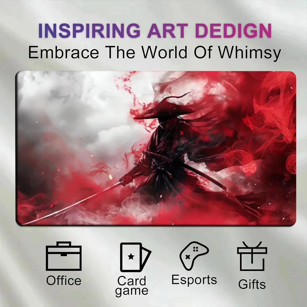 Japanese Ronin Samurai Desk Pad Anti‑Slip Rubber Mousepad Red Ink Smoke Cloud Sword Warrior Ink Wash Art Large Gaming Mat