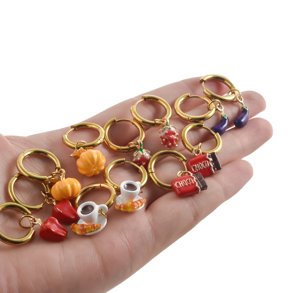 Funny Stereoscopic Food&Fruit Dangle Earring Colorful Alloy Enamel Chilli Strawberry Pendant Stainless Steel Hoops Girl Jewelry