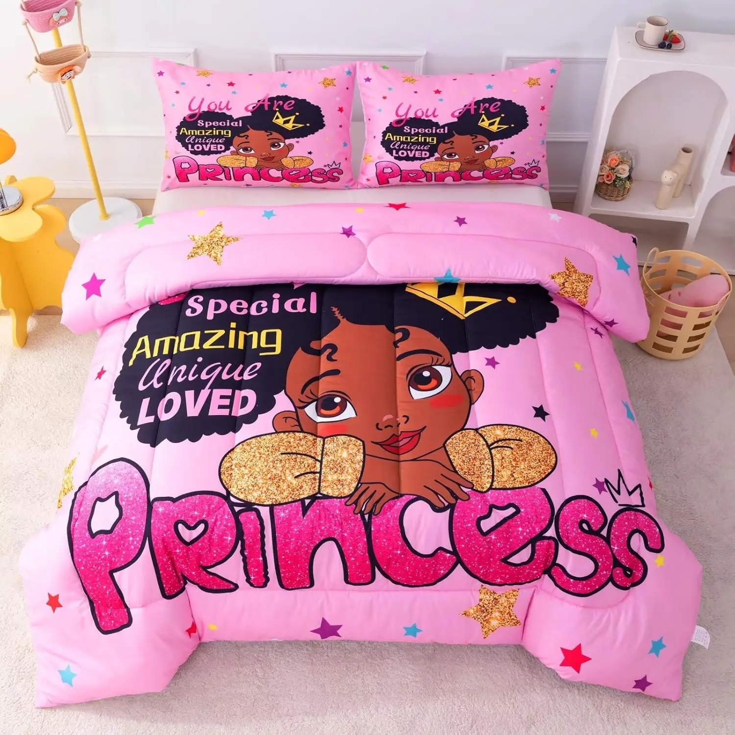 

Комплект постельного белья Twin Size Afro Princess для детей, вдохновляющее постельное белье с яркими цветами
