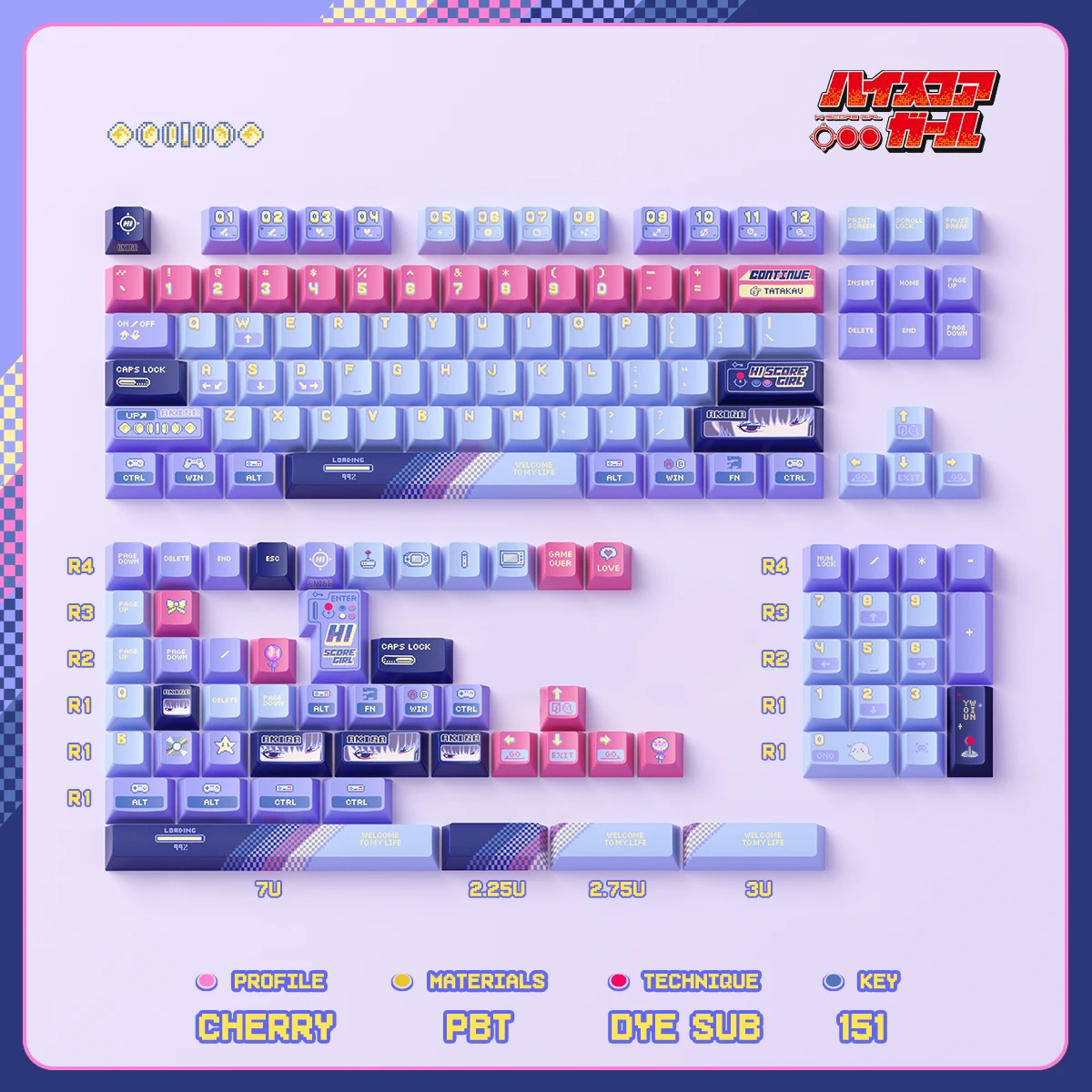 Anime Keycap 151 Key Cherry Pbt+Pc Translucent For Mechanical Keyboard Pc Transparent Pink Purple Contrast Side Engraving Keycap