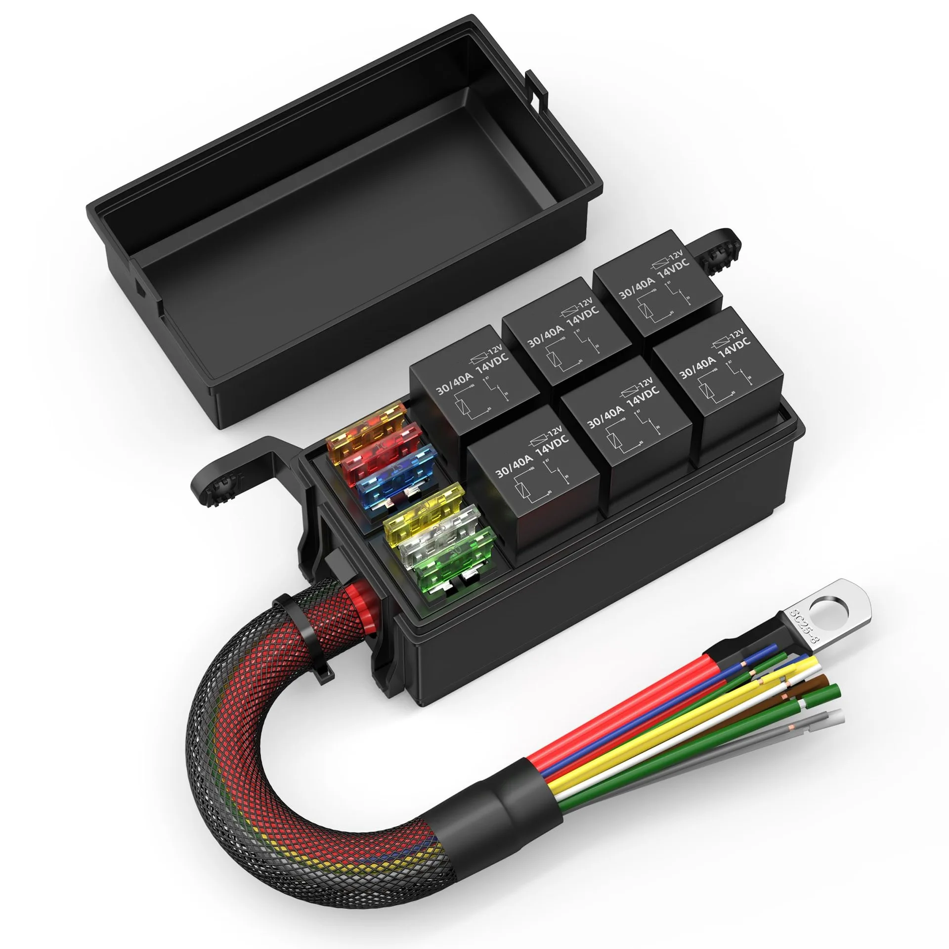 

Auto Modified Fuse 12V Relay Box 6 Way Relay Fuse Box 12 AWG Pre-wired Waterproof 6 Slot ATC/ATO Fuse Relay Block for Car Marine