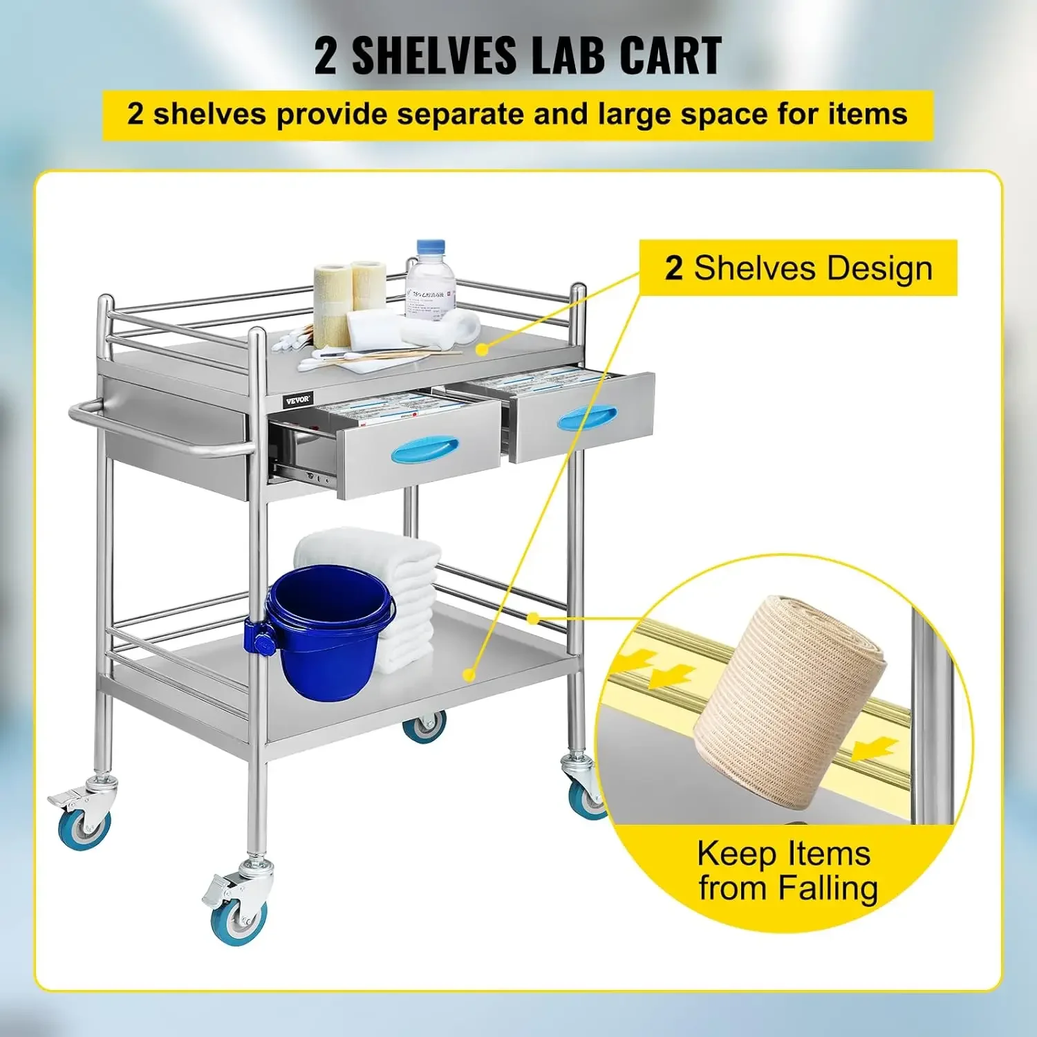 Lab Serving Cart Utility Cart Stainless Steel Medical Cart with Two Drawers for lab Equipment Use Grade I Stainless Steel