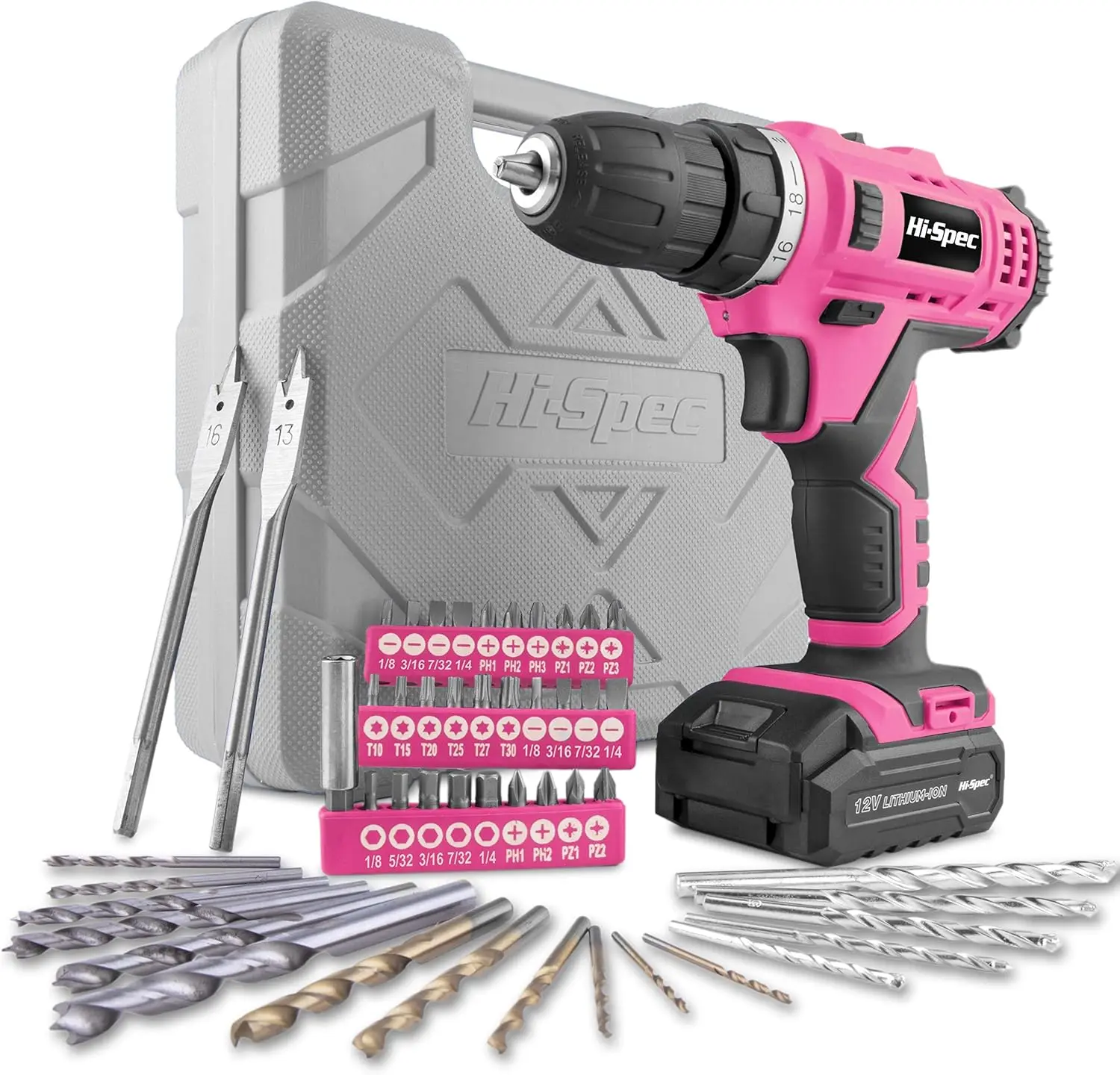 Hi-Spec Drill 50 Piece 12V Pink Drill Driver & Multi Bit Set. High Speed Cordless & Rechargeable Electric Power Drills