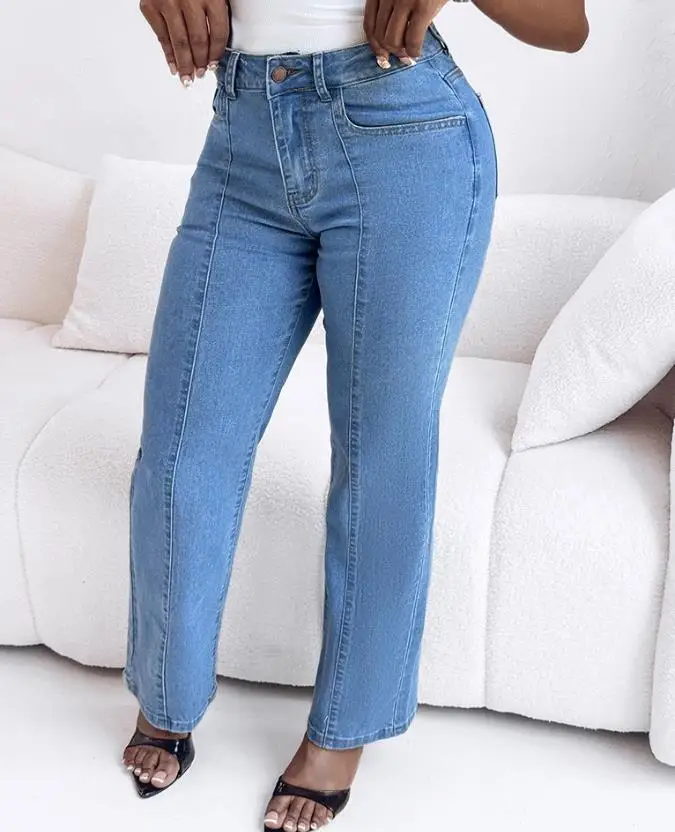 Women Jeans Personalized Street Style Fashion Seam Front High Wait Straight Leg Denim Pants Casual Zipper Fly Jeans with Pockets