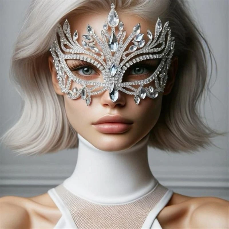 R1WE Rhinestones Masquerade Mask Half Face Mask Halloween Costume Accessories for Men Women Masquerade Halloween Cosplay