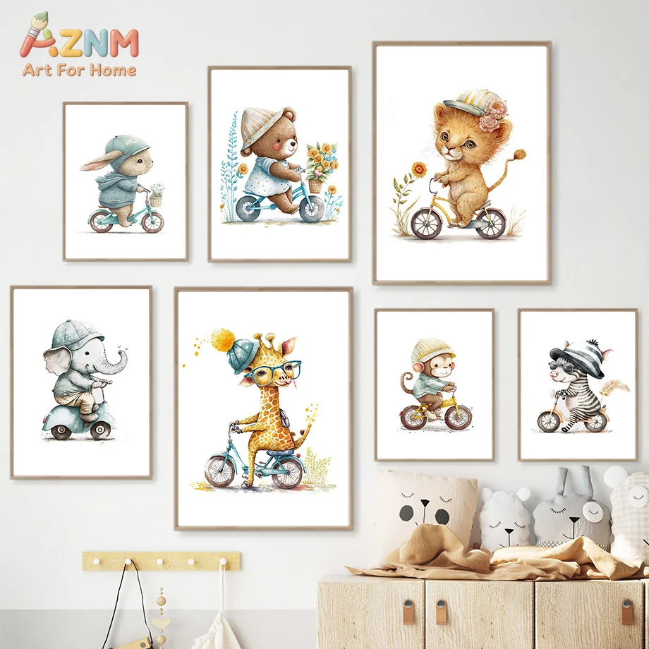 AZNM Watercolor Cute Safari Animal Canvas Wall Art Lion Elephant Giraffe Rabbit Riding Bike Soft Pastel Baby Nursery Unframed Ca
