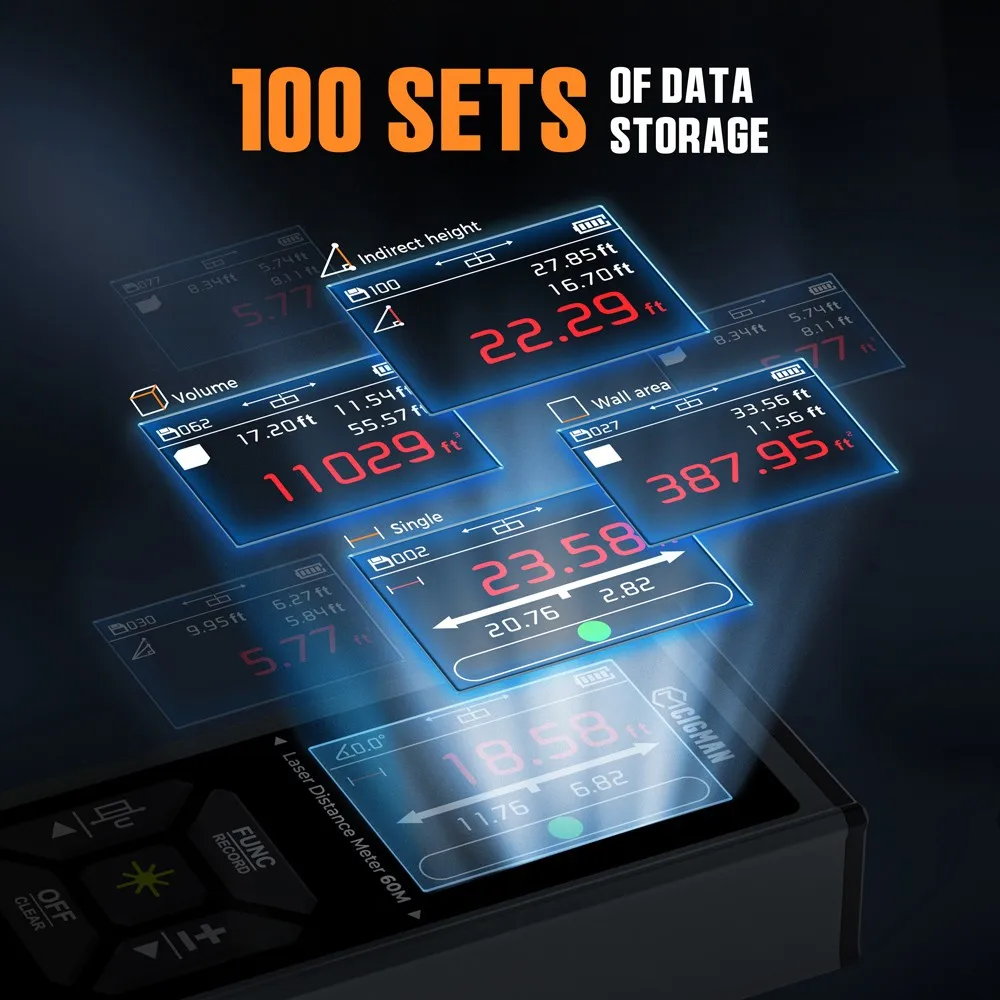 CIGMAN CD-60G 393ft/120M قياس ليزر أخضر ثنائي، مع وحدات متعددة Ft/in/M، بطارية 850 مللي أمبير قابلة لإعادة الشحن