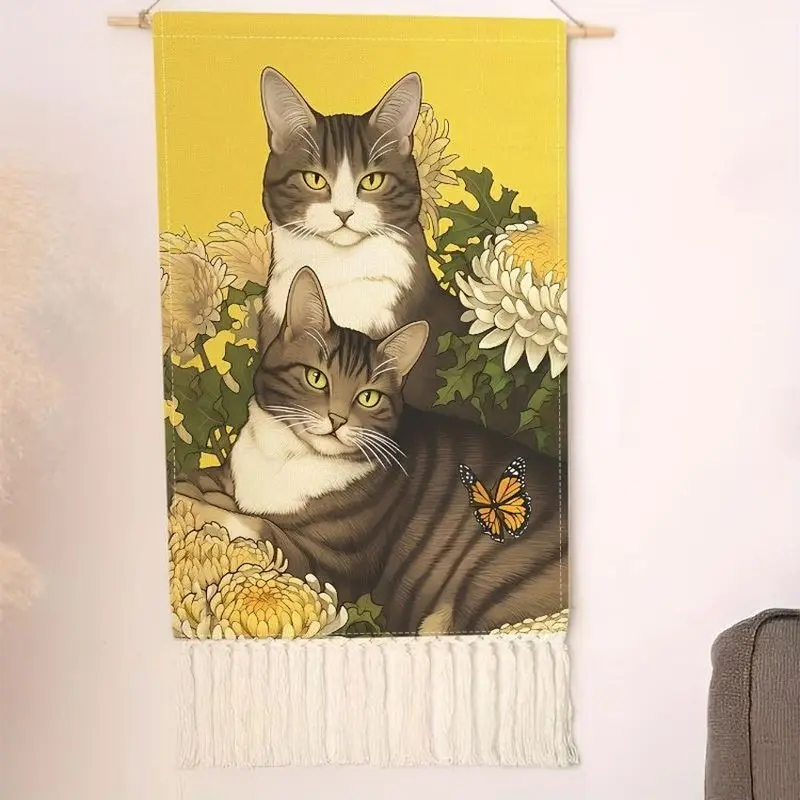 VIKAMA Vintage Cat Tassel Tapestry Chrysanthemum Butterfly Polyester Wall Hanging Boho Aesthetic Bedroom Dorm Home Wall Decor