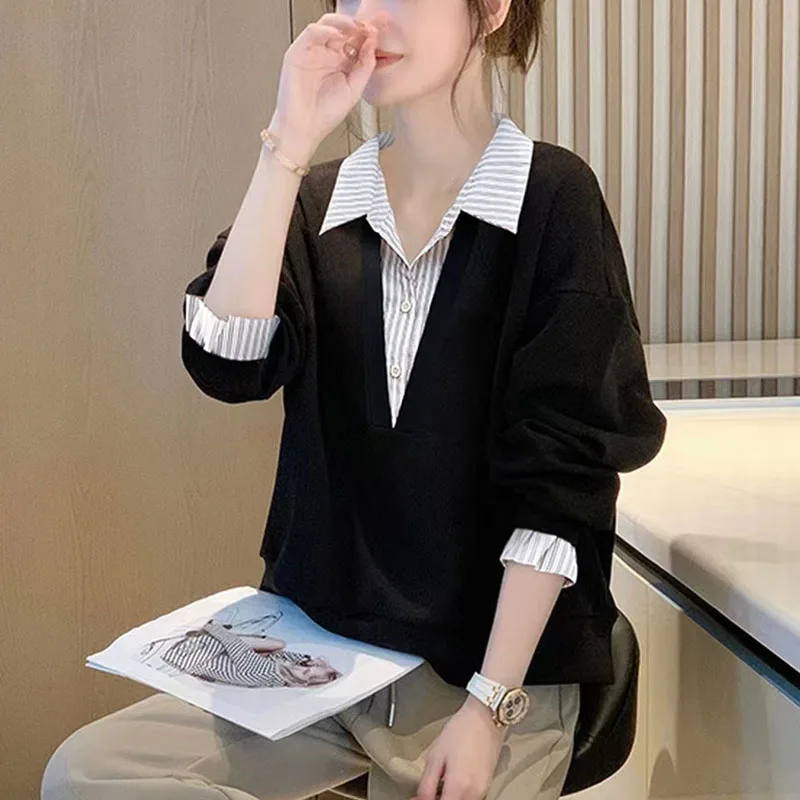 New Spring Fashion European Stripe Splice Fake Two Piece Loose and Versatile Western Style Slim Women\'s Long Sleeve Sweater