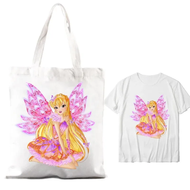 Cartoon C-Club Cute W-Winx Women Shoulder Bags Couple Combination Clothes Short Sleeve Collar Fashion T shirt Man Cotton