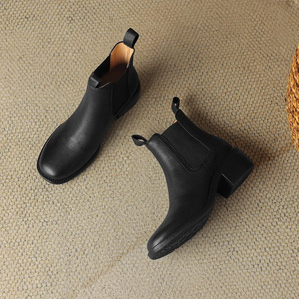 Aucegi شعبية النساء جلد طبيعي تشيلسي حذاء من الجلد جولة تو الانزلاق على شريط مرن حذاء بكعب سميك الحياة اليومية الأحذية المصنوعة يدويا #5