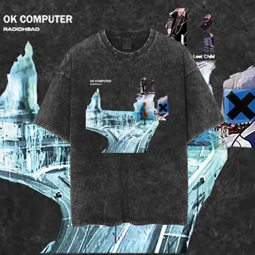 Camiseta de algodón lavada de Radiohead Rock Band para hombres y mujeres, camiseta de música de Hip Hop, camiseta de manga corta a la moda, camisetas de verano de gran tamaño