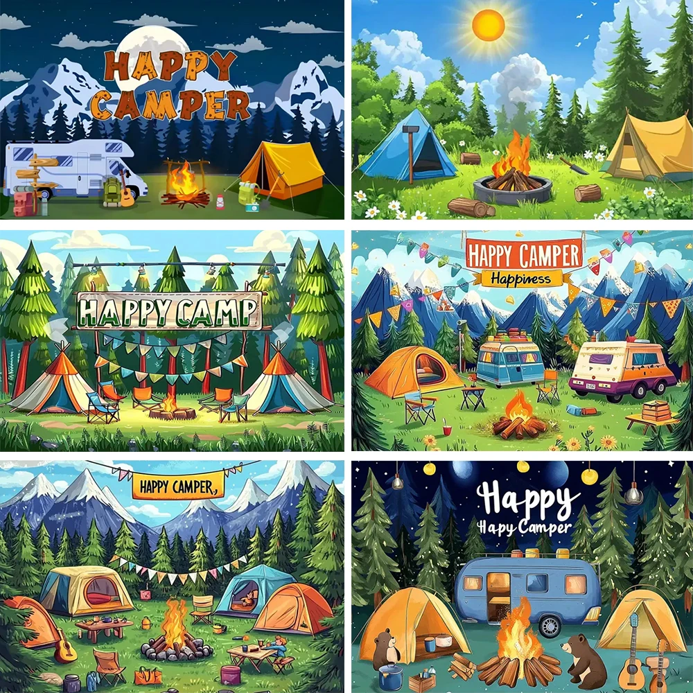 

Happy Camper Adventure Backdrops Baby Birthday Party Decorations Forest Mountain Hiking Backdground Banner Photography‌ Props