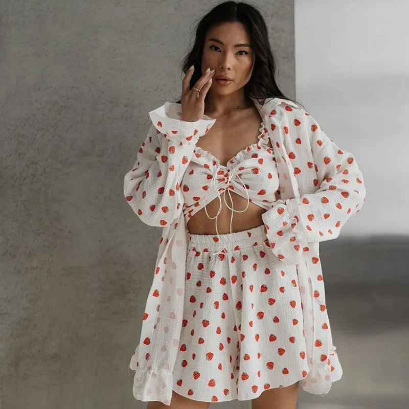 

Women's New Spring/Summer Design Sweet Printed Lotus Leaf Edge Long Sleeve Shorts 3-Piece Sleepwear European and American 2025