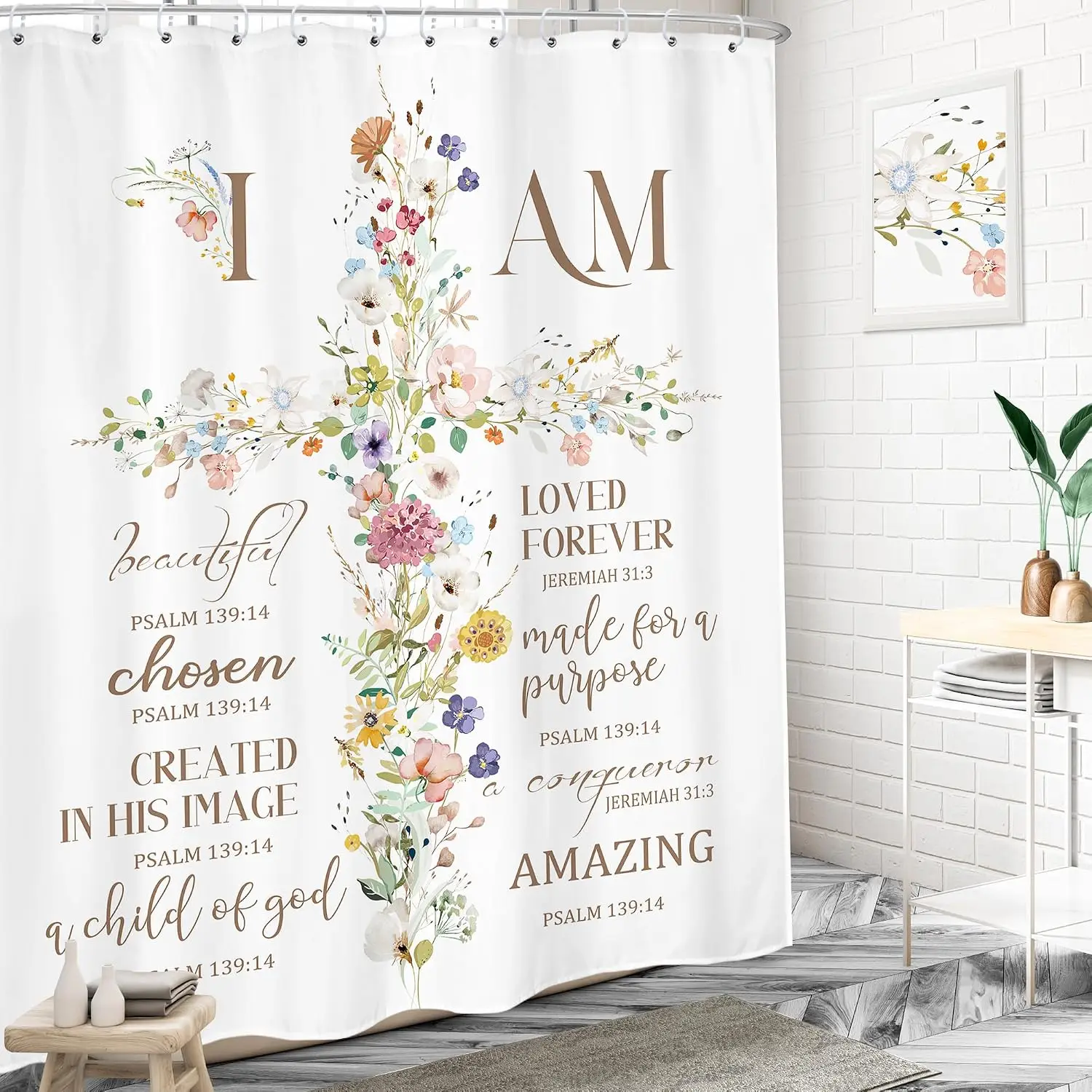 Elegant Watercolor Floral Scripture Shower Curtain Waterproof Boho Bathroom Decor Christian Inspirational Quote Curtain for Wome