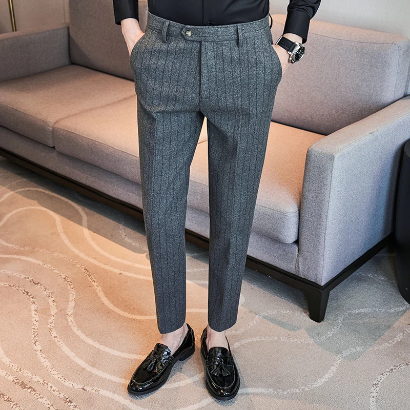 

Высококачественные шерстяные утолщенные мужские костюмные брюки в вертикальную полоску, осень-зима, новые теплые модные деловые повседневные прямые брюки