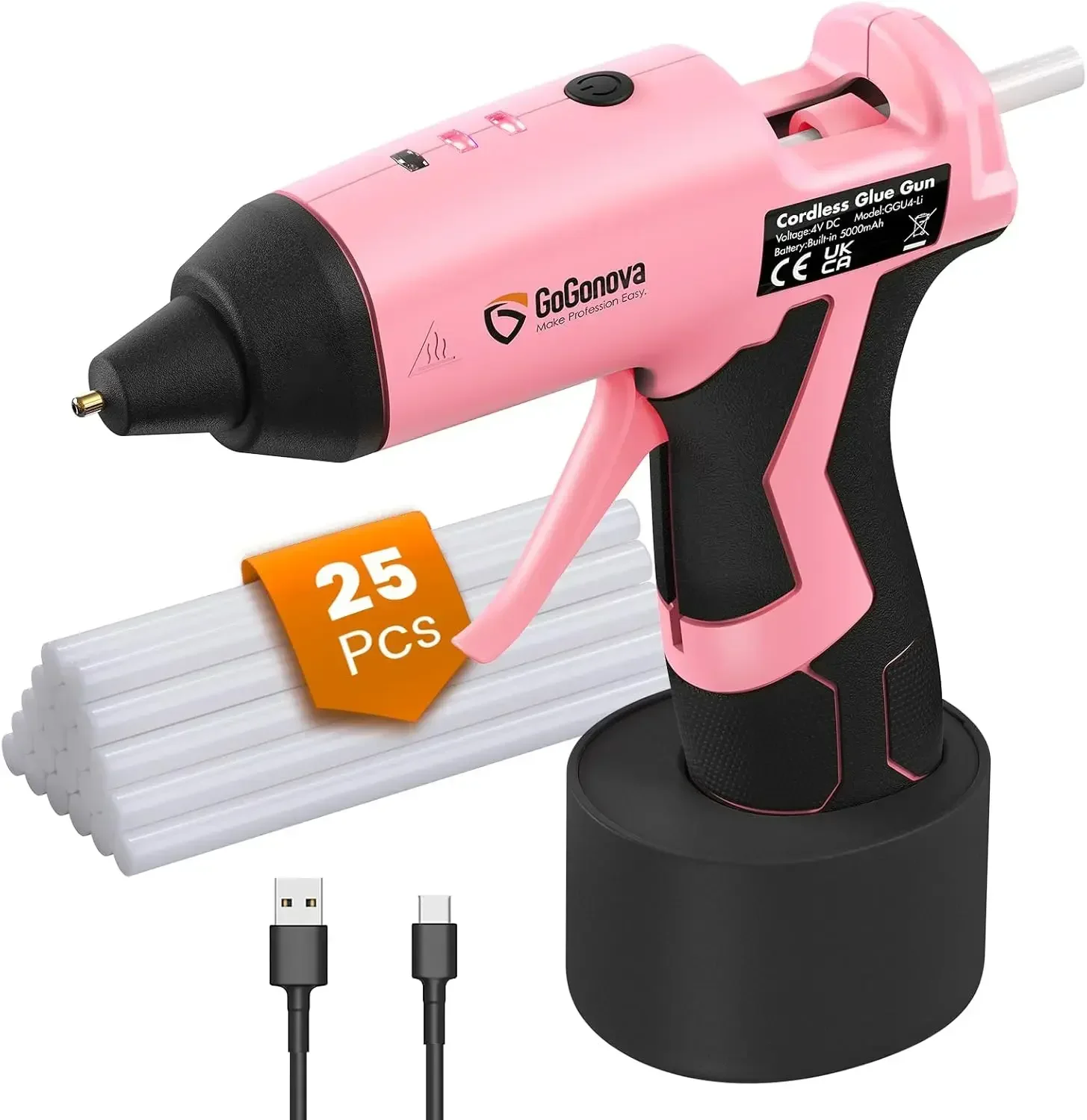 

Cordless Hot Glue Gun, 15s Fast Preheating 5Ah Built-in Battery Hot Melt Glue Gun, Smart Power-Off, Kit with 25 Pcs Premium Mini