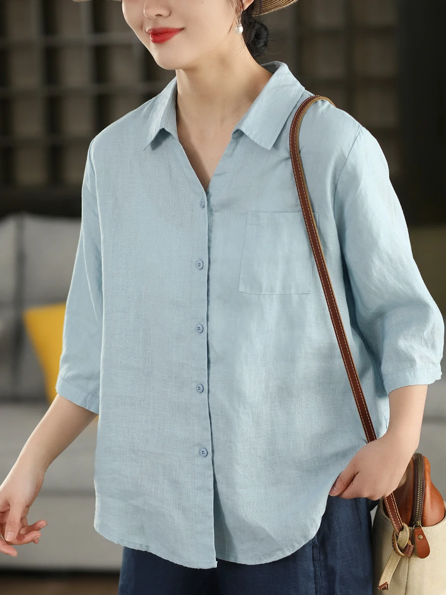 

Ретро-рубашка из выстиранного льна с отложным воротником, рукавом до локтя, на одной пуговице, женская, свободного кроя, дышащая, приятная к телу