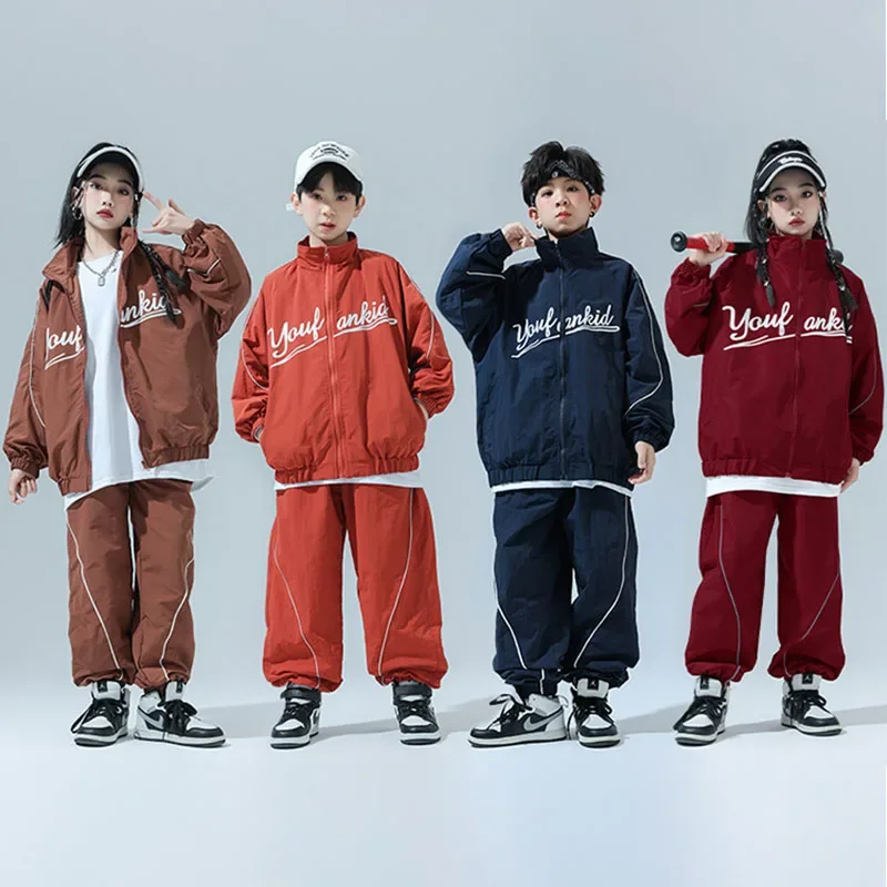Vêtements Hip Hop pour enfants, veste coupe-vent à fermeture éclair rouge vin, haut décontracté, pantalon de jogging large pour filles et garçons, Costume de danse Jazz, ensemble de vêtements