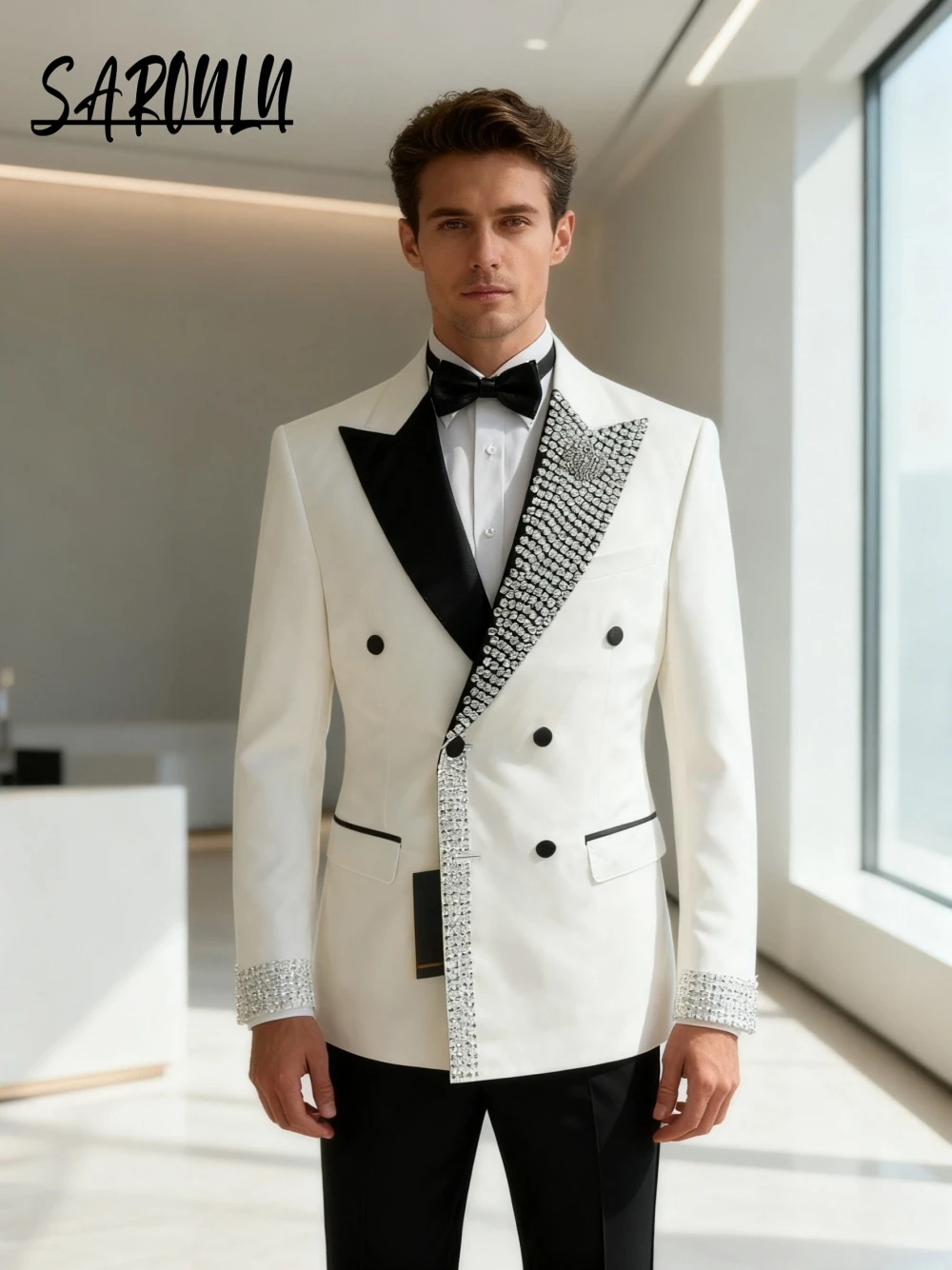 

Мужской костюм знаменитостей с пиковыми лацканами, распродажа, двубортный вечерний блестящий пиджак, брюки, одежда для жениха, Новое поступление, элегантный танцевальный комплект