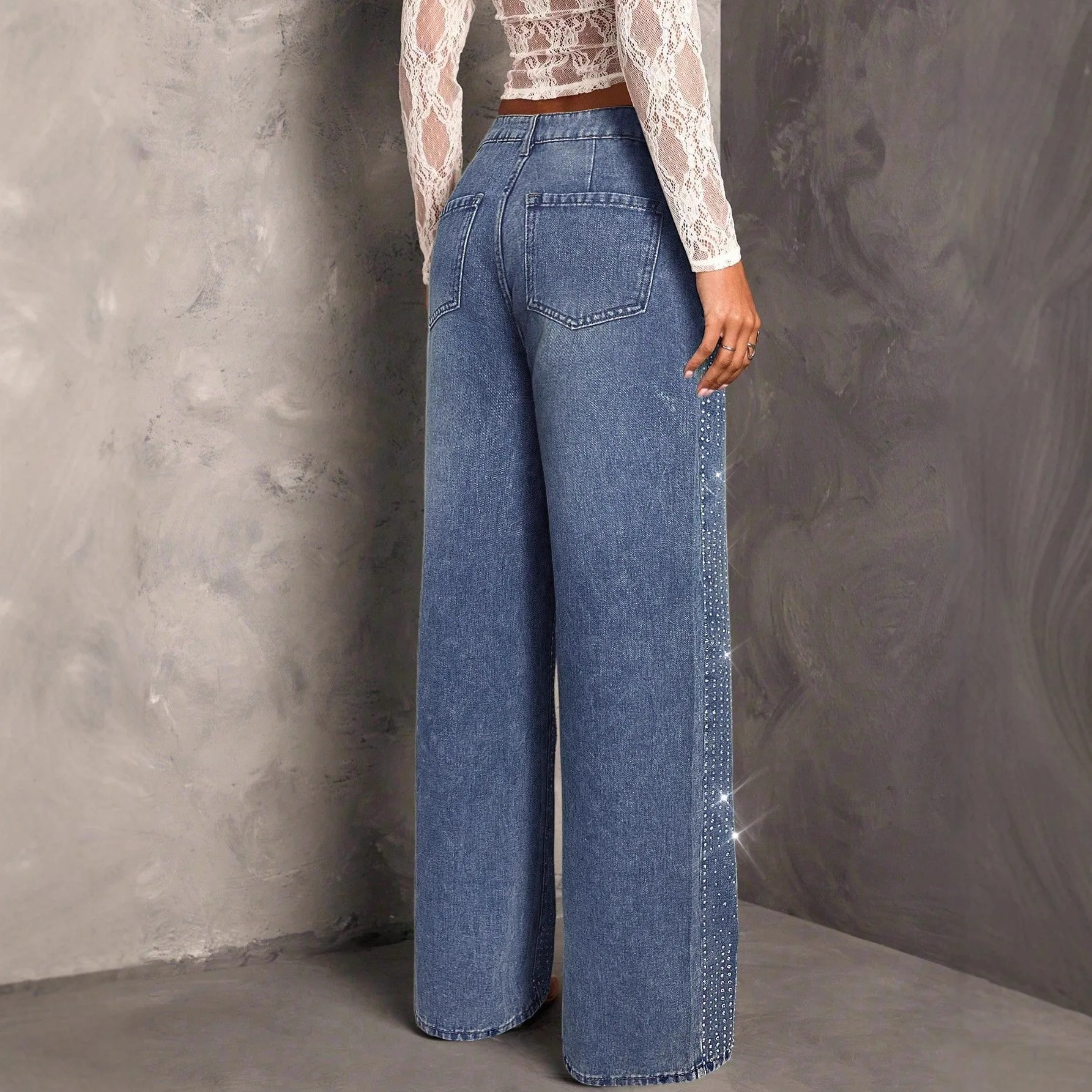 جينز نسائي بنطال ذو قصة أرجل واسعة ملابس الشارع الشهير غير النظامية الماس جيب الدنيم بانت تقسم زر بنطلون عادية مستقيم الخريف 2025 #2