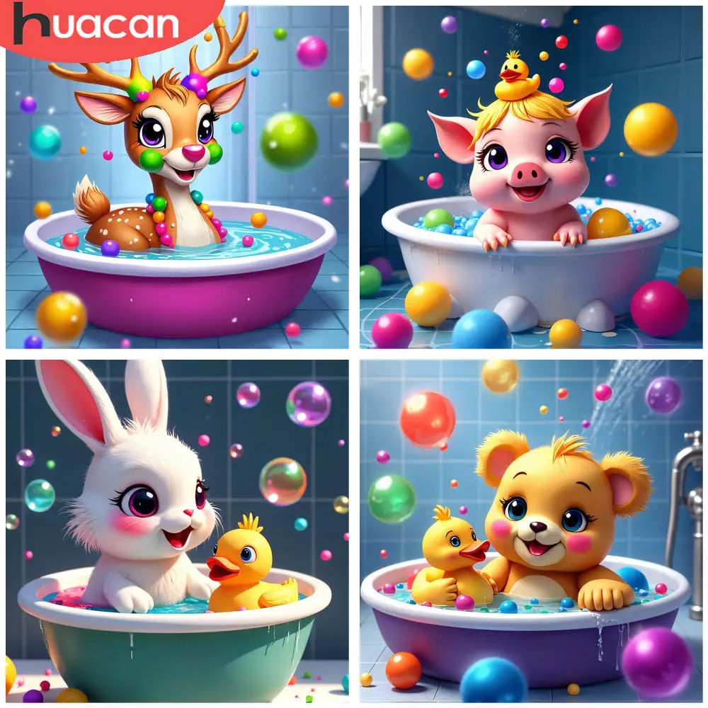 HUACAN Full Square Round Drill Diamond Painting Art Playful Deer Bath Scene Cartoon Style 5D Diamond Art Kits Mosaic  Home Decor