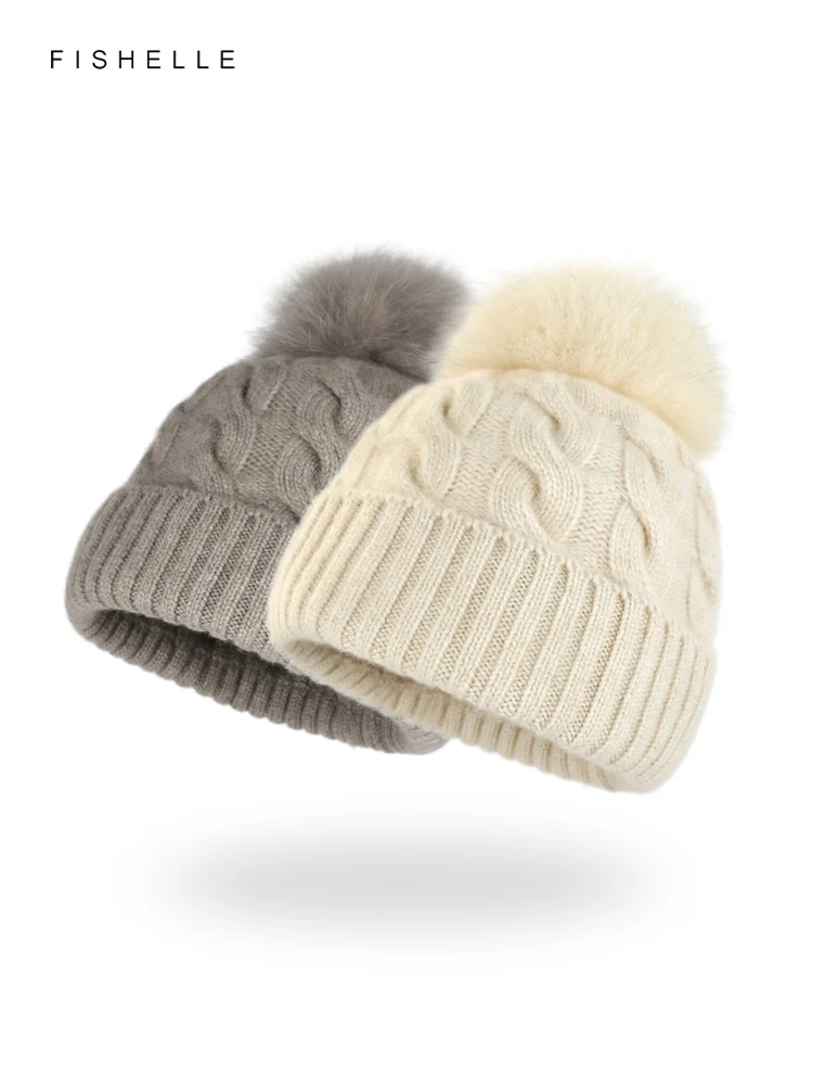 New Cream Beige Cashmere Hat Women\'s Winter Thickened Warm Knitted Woolen Beanie Fox Ball Pure Cashmere Cap Female Luxury Gifts