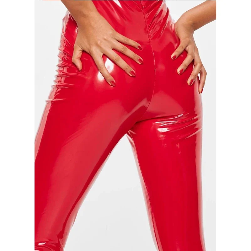 Women Sexy Bodycon Latex Leather Pants Zipper Pants Slim Warm Black Pencil Trouser Skinny Pu Patent Leather Leggings Custom