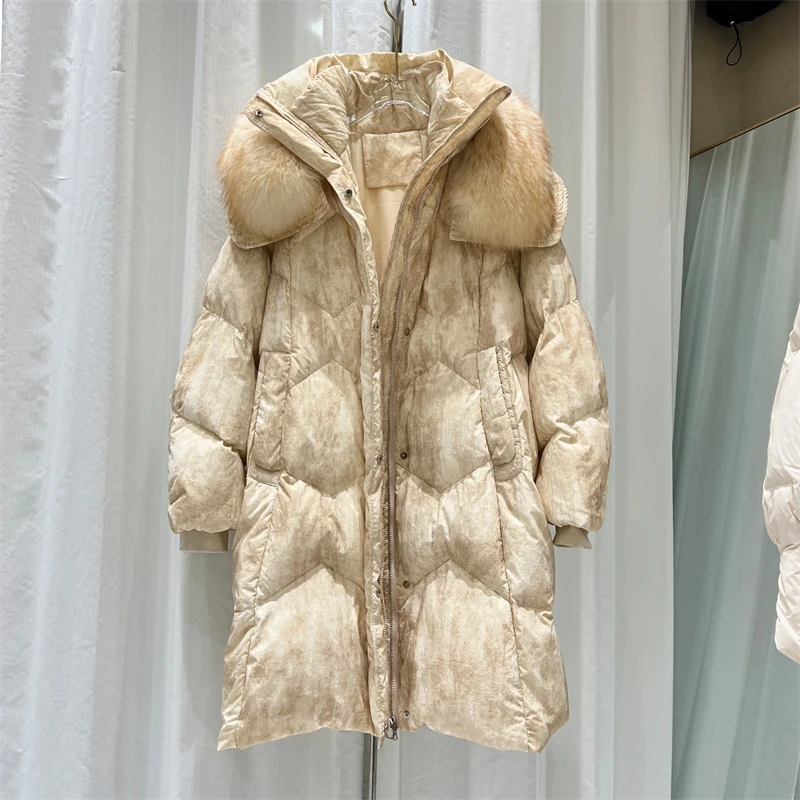 

Winter 2025 Women's Fox Fur Collar down Jacket Y2K High Quality Extended Loose Thick White Duck Feather Fashion Trend Coat