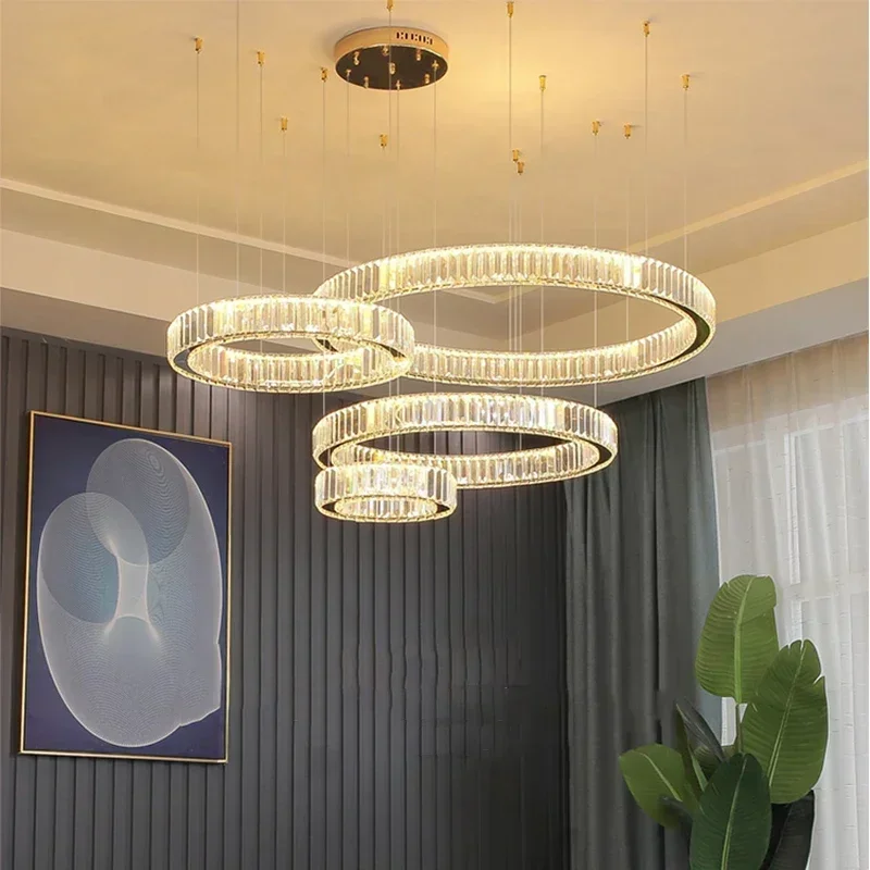 Nordic modern luxury ceiling hanging indoor hall living room electroplating halo LED golden crystal chandelier