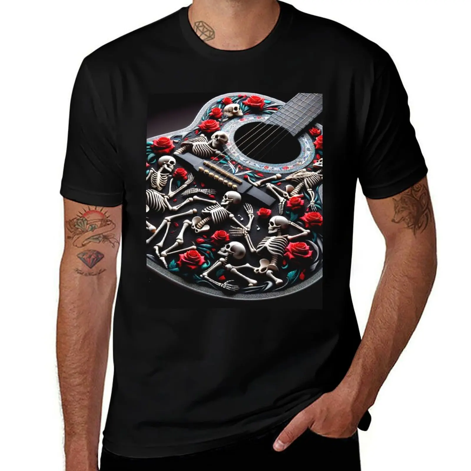 

Dead Guitar with Grateful Dancing Skeletons and Red Roses T-Shirt oversized blue archive fitted t shirts for men