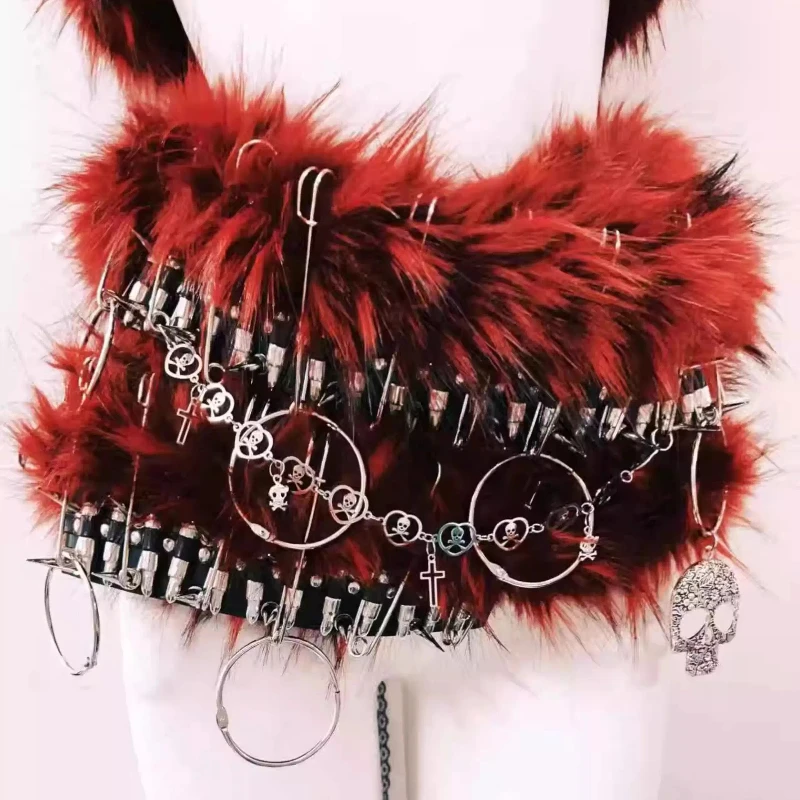 Gothic Design Punk Rock Collar Rivet Fur Women's Vest 2025 Autumn Winter New Sweet Cool Sexy Heavy Mini Short Skirt Set Ladies