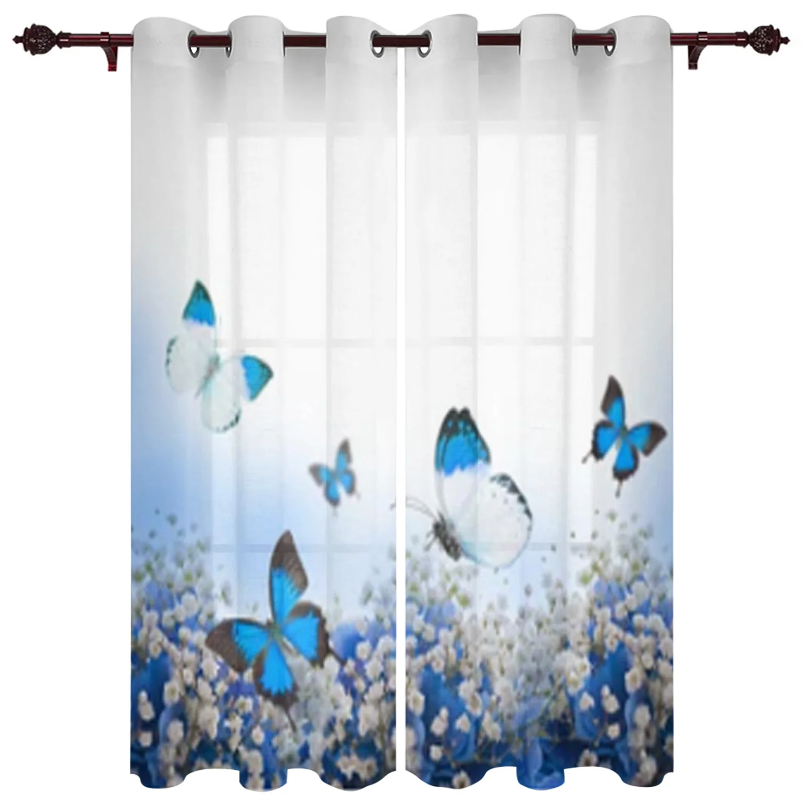 Blue Hydrangea And Butterflies Window Curtains For Living Room Kitchen Modern Curtains Home Decor Blinds Drapes