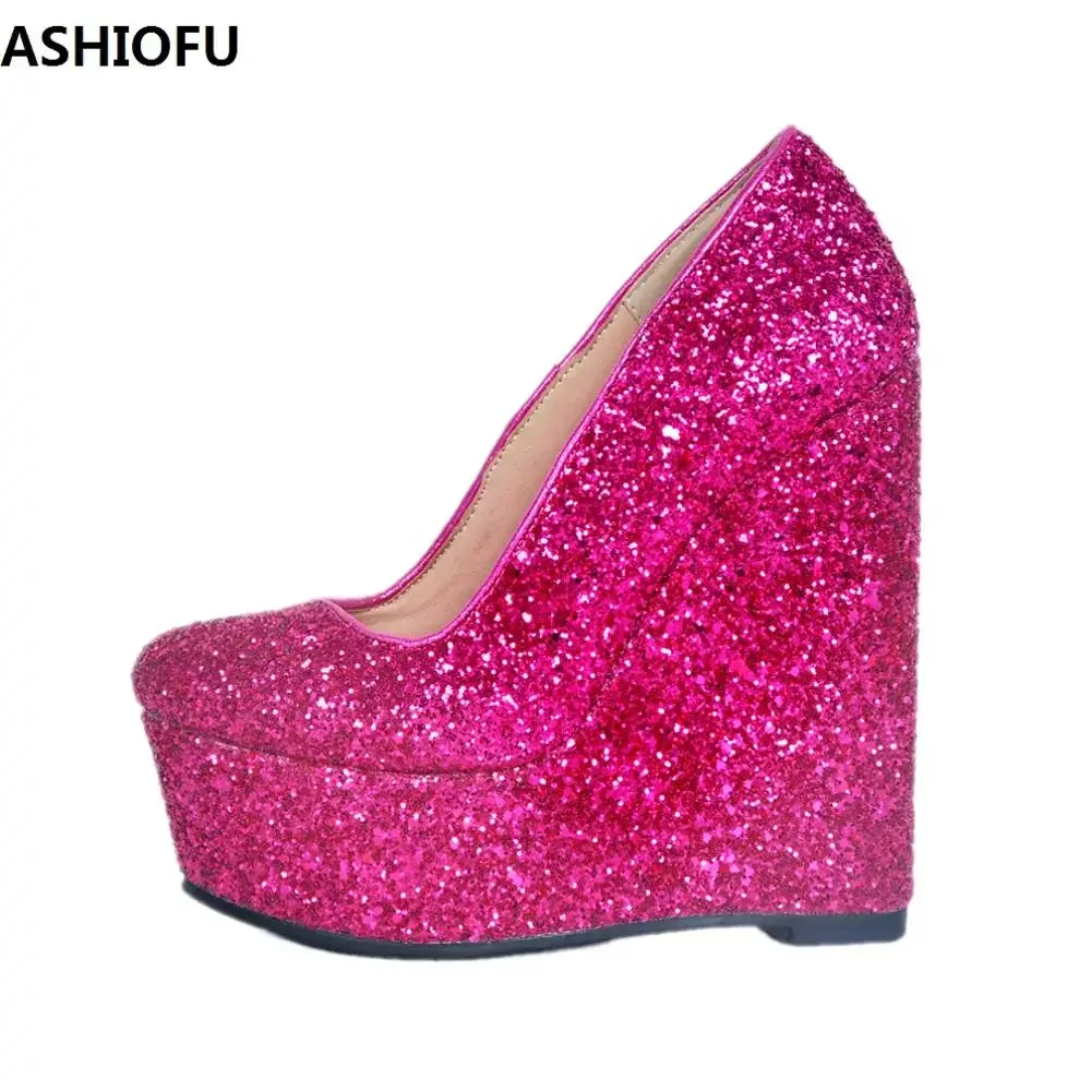 ASHIOFU New Real Photo Handmade Womens Wedge Heel Pumps Glitters Slip-on Party Prom Dress Shoes Sexy Evening Fashion Court Shoes