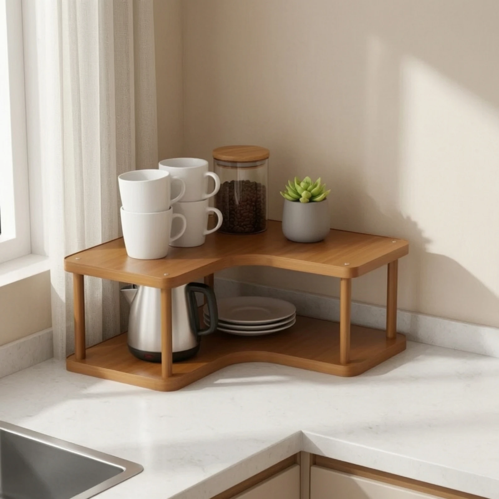Corner Rack Bamboo Countertop Organizer Desktop Shelf Rounded Versatile for Coffee Bar