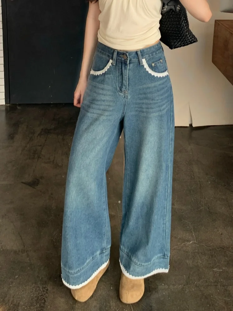 

2026 Ropa Y2K New Fashion Lace Patchwork Blue Baggy Women's Summer Jeans Pants For Woman Clothing Straight Casual Denim Trousers
