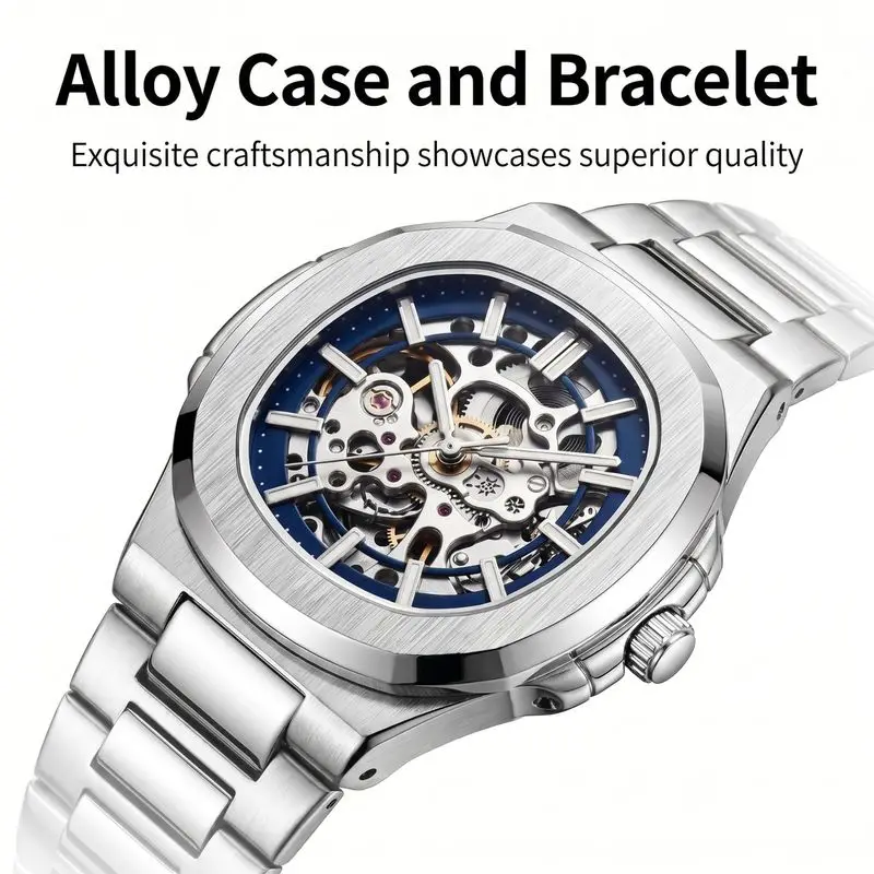 Fully Automatic Mechanical Men Watch Double Sided Hollowed Out Luminous Waterproof Alloy Steel Wristwatch Ideal for Boys Gifts