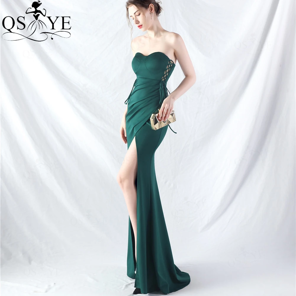 

QSYYE Emerald Green Long Prom Dress 2024 Elastic Tie up Waist Sides Evening Dresses Off Shoulder Sexy Slit Party Formal Gown