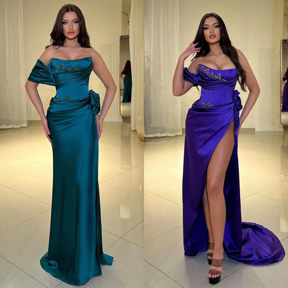 Satin Sequined Flower Ruched Birthday Mermaid One-shoulder Bespoke Occasion Gown Long Dresses