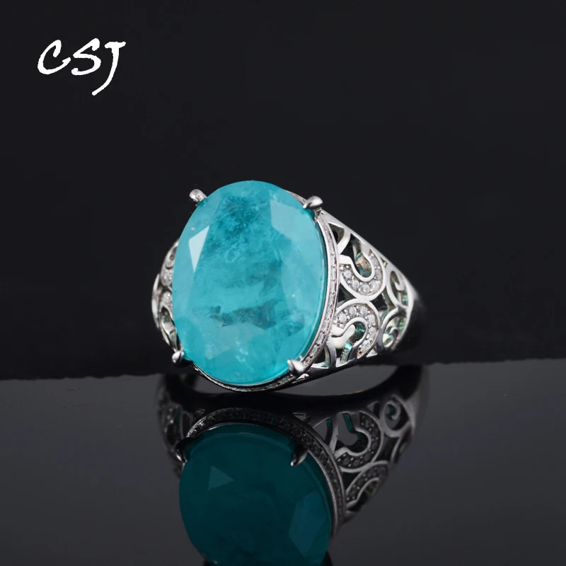 

CSJ Paraiba Tourmaline Ring Sterling 925 Silver Created Gemstone Women Lady Wedding Engagment Party Gift Box