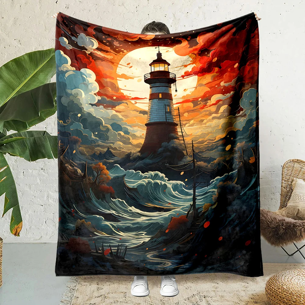 Stormy waves lighthouse sunset clouds Print Blanket Warm Soft Fluffy Kids and Adult Sofa Bed Throw Outdoor Travel Camping RV
