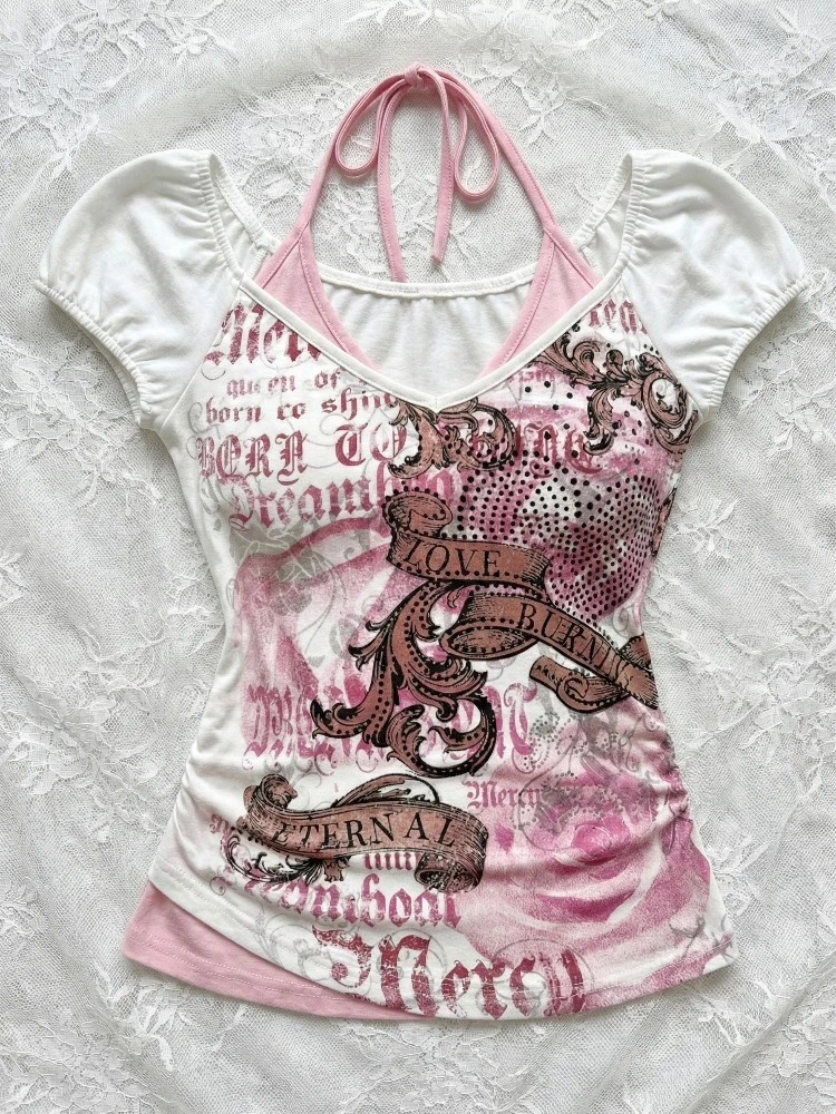 Summer Y2k Aesthetic Gothic Sexy T Shirt Women Clothes 2000s Vintage Kawaii Short Sleeve Sweetwear Sweet Girl Cuteore Tops New