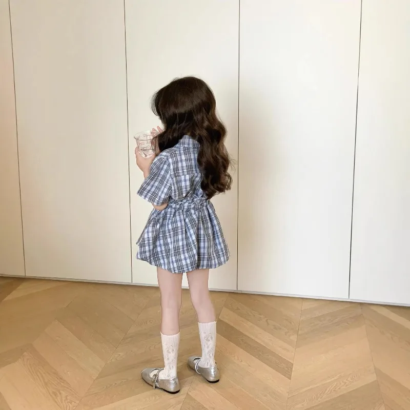 2026 Spring Summer Girls' College Style Blue Checkered Collar Short Sleeved Shirt Casual Flower Bud Half Body Short Skirt Set