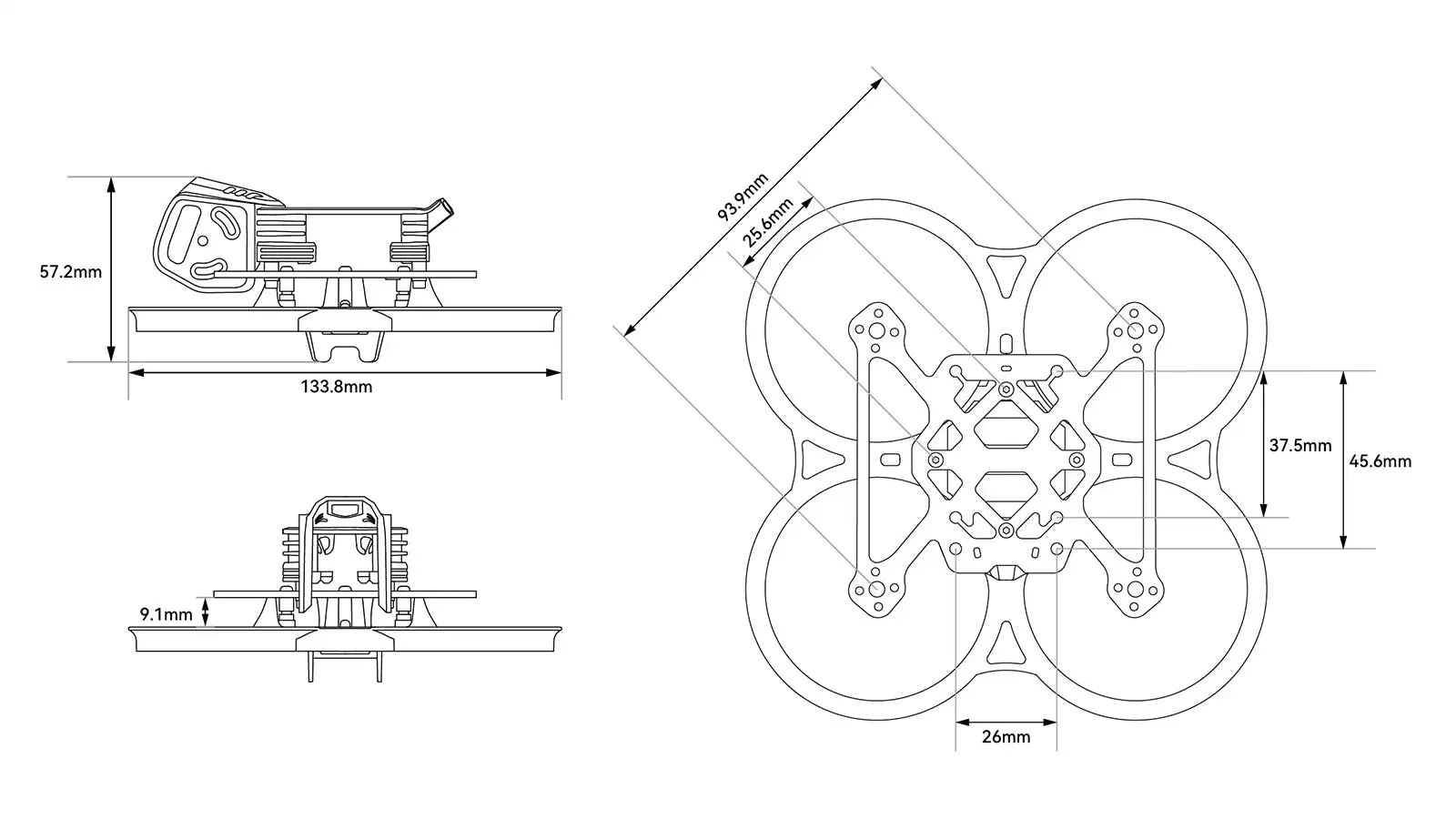 Pavo20 Pro II Brushless Whoop Frame dimensions
