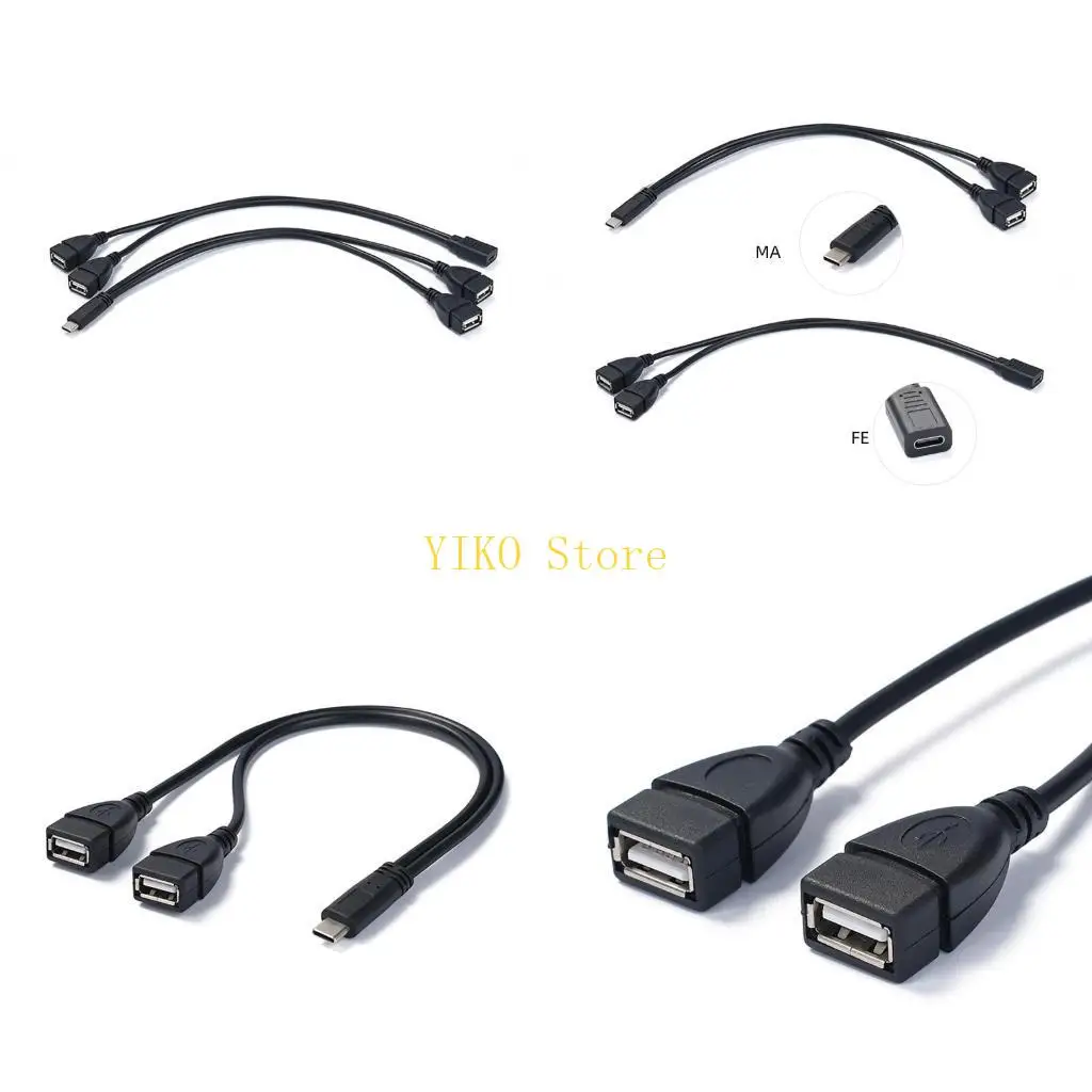 K32C 11.8inch Long Type C Male/Female Input to 2xUSB Female Output Charging Cable