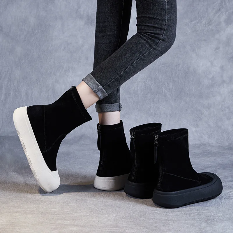 2024 Fashion Thick Bottom Mid Calf Boots Women Sheepskin Suede Round Toe Back Zipper Flat Platform Skinny Socks Boots image 3