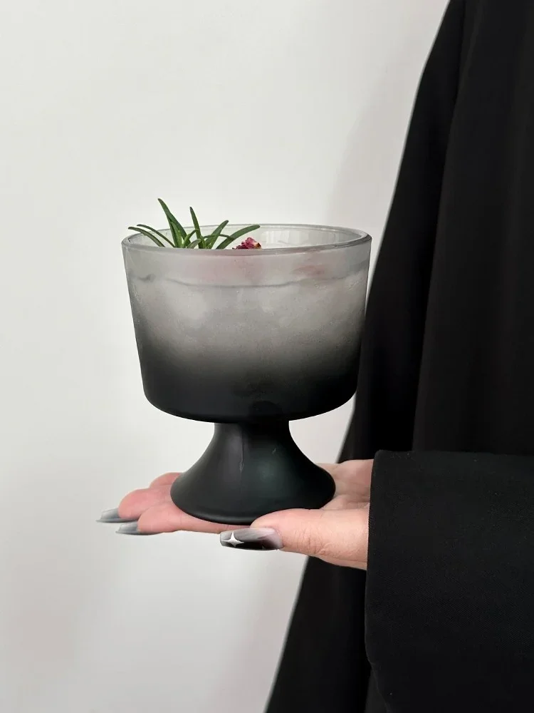 Frosted Gradient Black High Footed Dessert Cup Yogurt Ice Cream Glass Drinkware Vintage Nordic Style Single Layer Cup