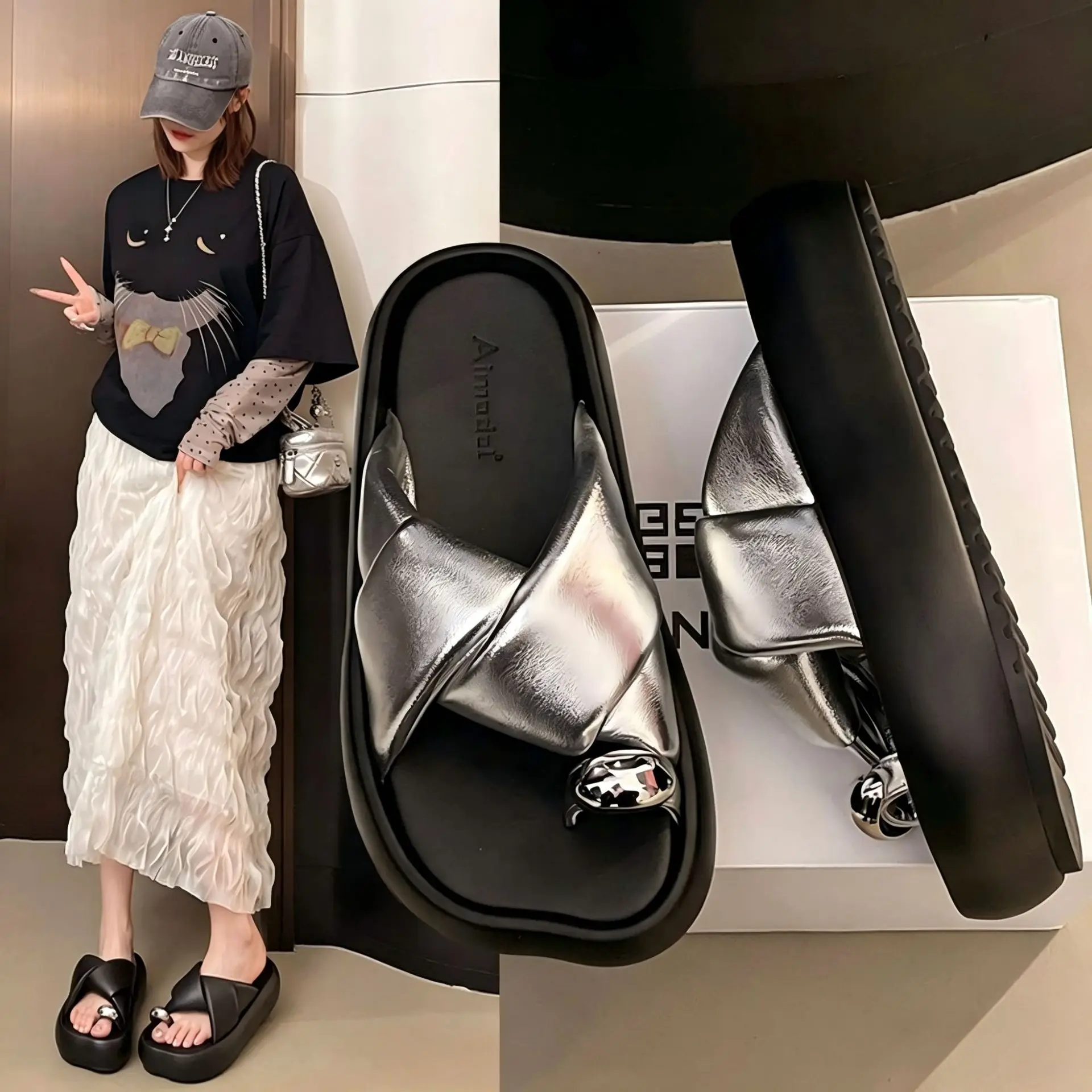 

Women's Platform Thick-Soled Slippers for Outdoor Wear, Summer New Style, High-End Fashion Slip-On Trendy French Beach Sandals
