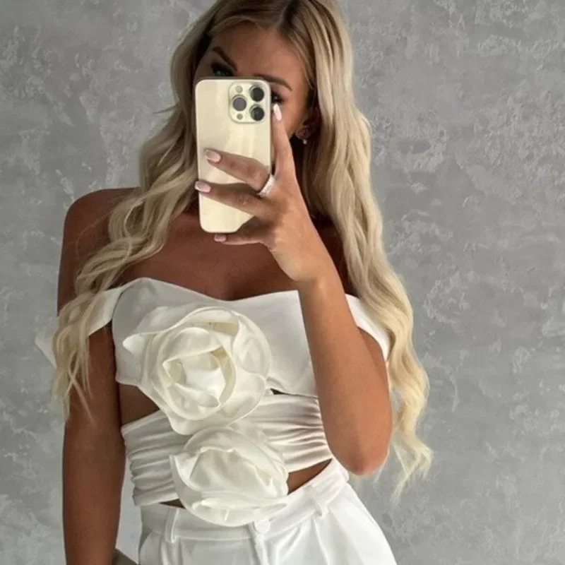 Women's New Fashion Sleeveless 3D Flower Front Ruched Crop Tops Y2k Fairy Causal Solid Color Summer Tank Tops Streetwear MYQH03